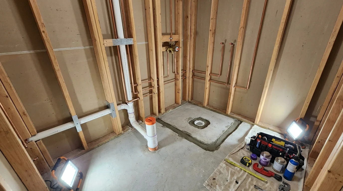 Bathroom rough-in plumbing during remodel by Johns Plumbing LLC in Vinita