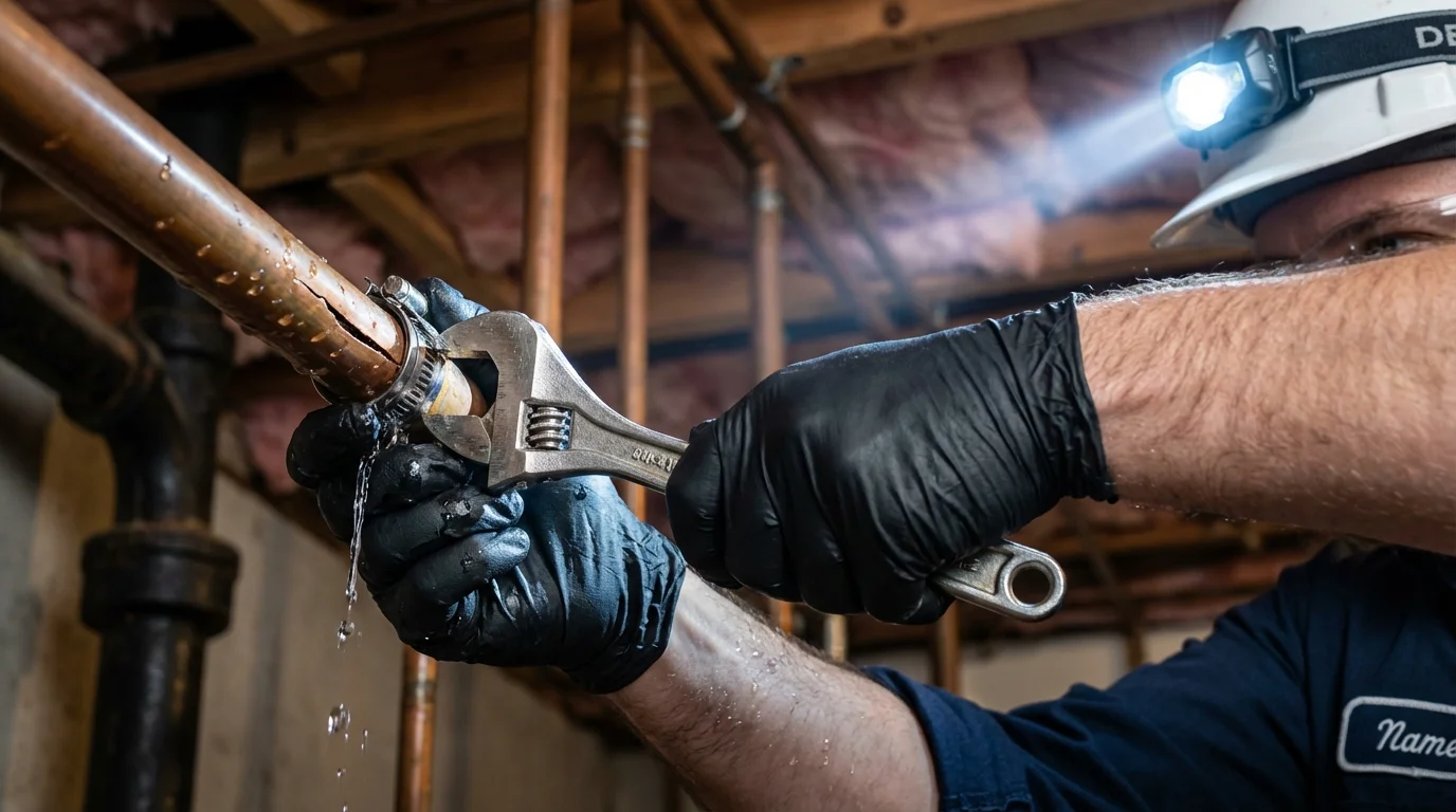 Emergency pipe clamp repair being performed by a Johns Plumbing LLC plumber in Vinita