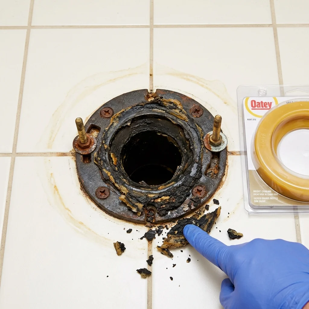 Failed wax ring showing water seepage at the base of a toilet in a Vinita, OK home
