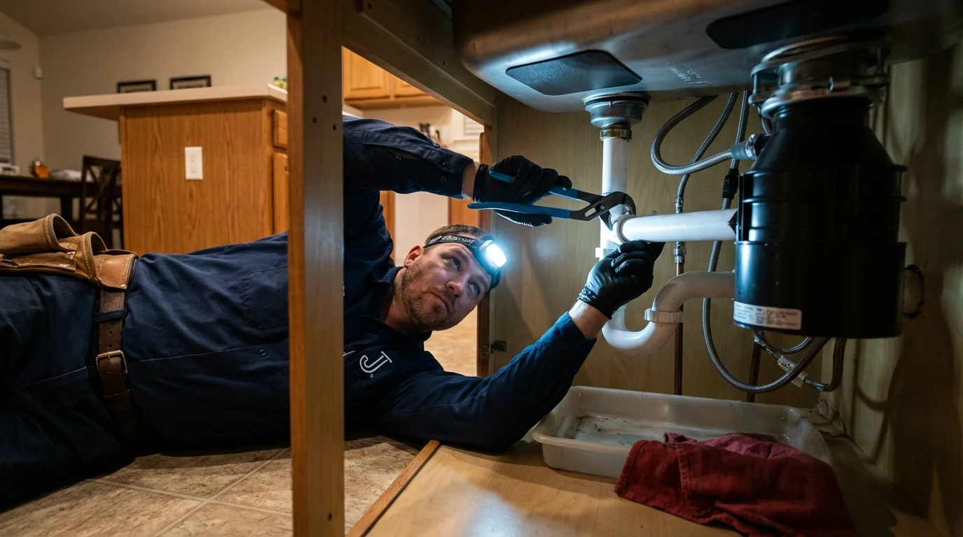 P-trap and supply line connections under a kitchen sink showing a common leak point in Vinita, OK